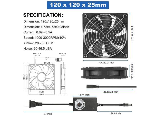 12V 120mmx25mm 4.72inch Moisture-Proof Small Computer Muffin Exhaust Vent Fans with 110V 120V 220V Speed Controller 3V-12V Variable Speed 1000-3000RPM