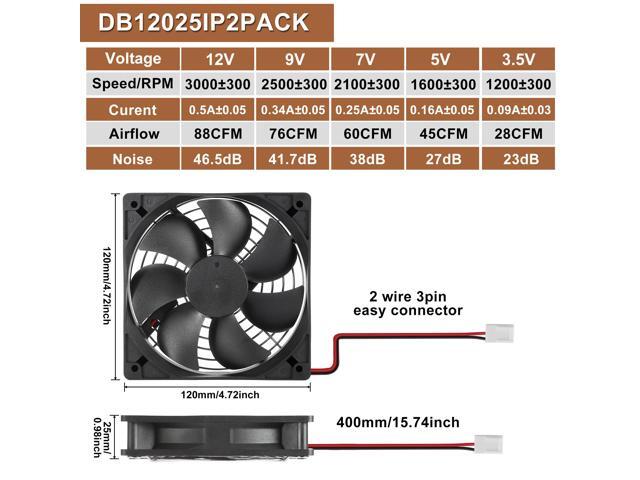 12V DC IP67 Waterproof Fan 120mmx25mm 4.72inch 2-Pack High Speed 12 Volt Dual Ball Bearing 2 Wire 3Pin Exhaust Cooling Fan 3000RPM