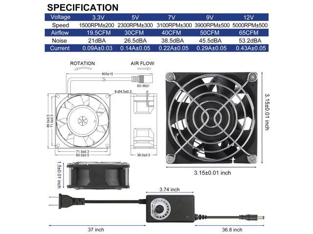 PANO-MOUNTS Moisture-Proof 12V DC 80mm Fan 8038 Small Computer Muffin Exhaust Vent Case Fan with 110V 120V 220V Speed Controller 3.3V-12V...