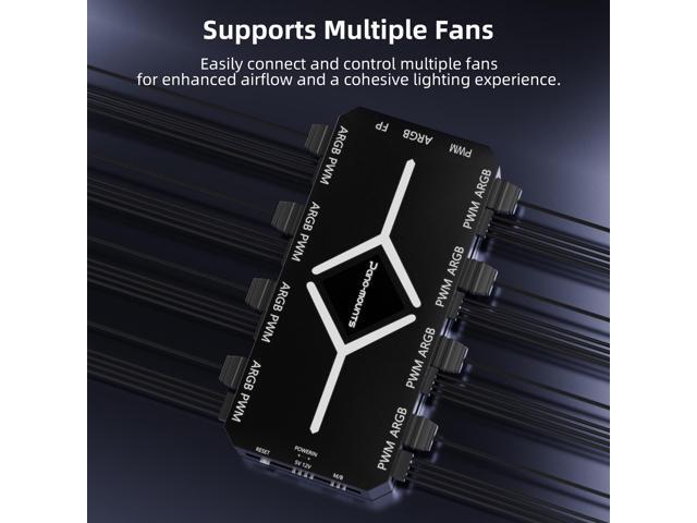 PWM Fan Hub For 5V Addressable ARGB Computer PC Case Fan PWM 1 to 9 Ports Magnetic Fan Hub Splitter With Remote SATA Power Supply Black