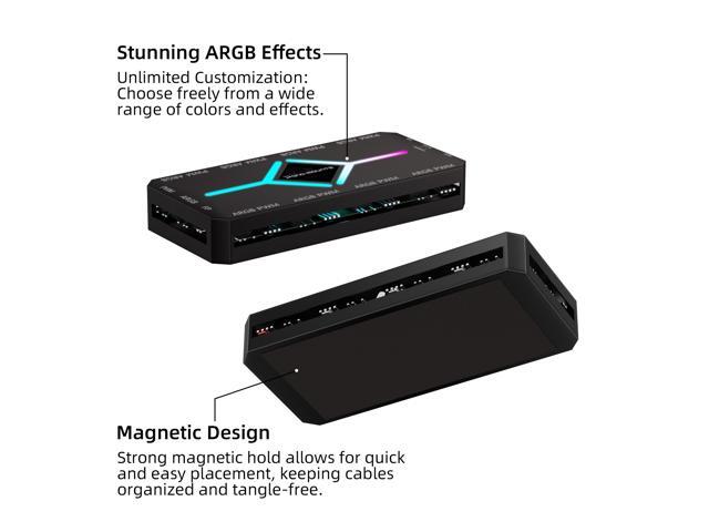 PWM Fan Hub For 5V Addressable ARGB Computer PC Case Fan PWM 1 to 9 Ports Magnetic Fan Hub Splitter With Remote SATA Power Supply Black