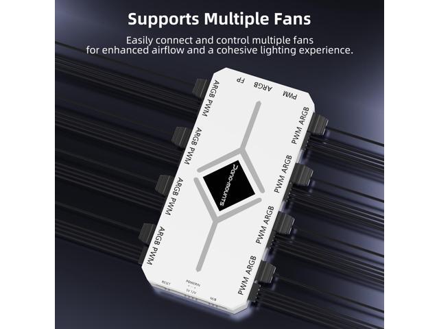 PANO-MOUNTS PWM Fan Hub For 5V Addressable ARGB Computer PC Case Fan PWM 1 to 8 Ports Magnetic Fan Hub Splitter With Remote SATA Power Supply White