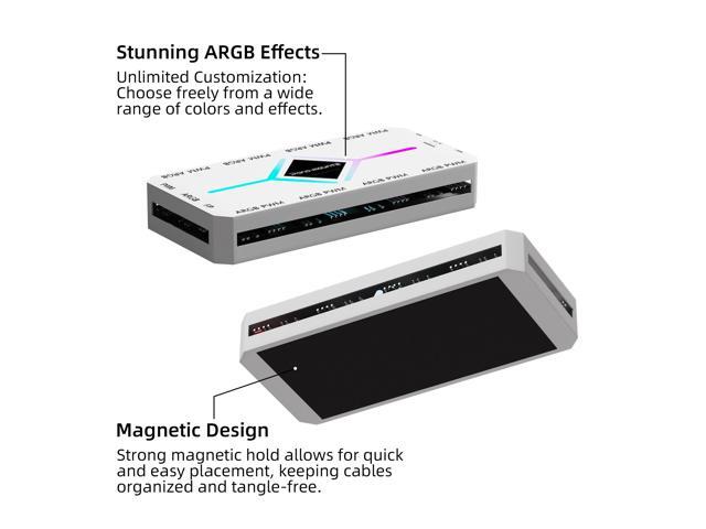 PANO-MOUNTS PWM Fan Hub For 5V Addressable ARGB Computer PC Case Fan PWM 1 to 8 Ports Magnetic Fan Hub Splitter With Remote SATA Power Supply White