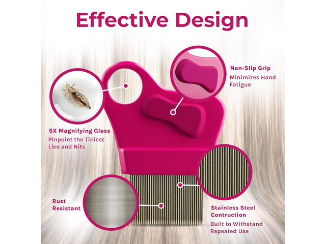 Lice Essentials Treatment Comb - Made of Stainless Steel with Grooved Teeth, for Head Lice and Nit Removal with 5X Magnifying Glass