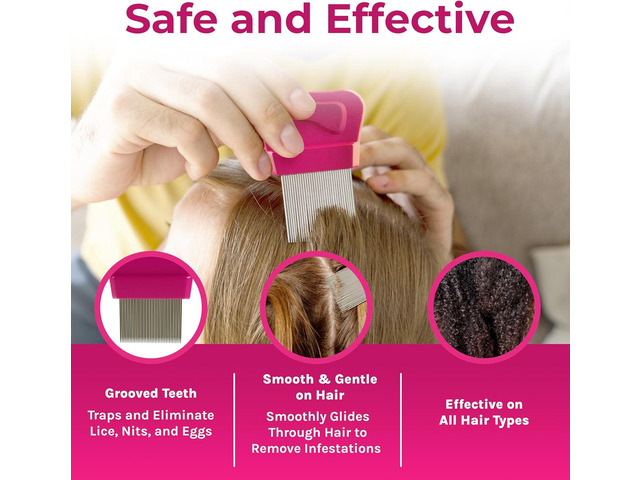 Lice Essentials Treatment Comb - Made of Stainless Steel with Grooved Teeth, for Head Lice and Nit Removal with 5X Magnifying Glass