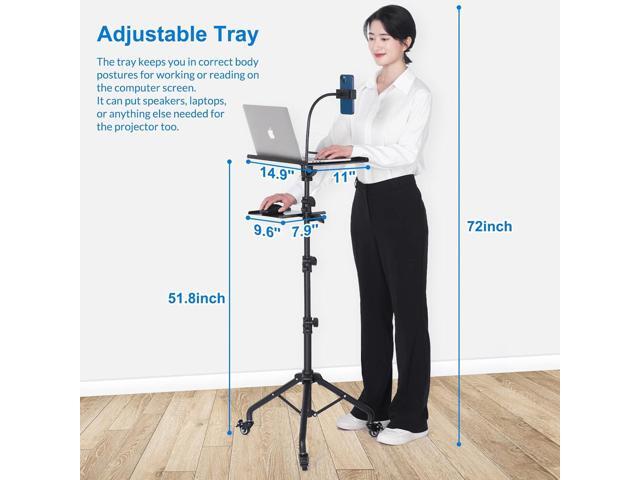 Laptop Tripod on Wheels with 2 Shelves, Portable Projector Floor Stand Adjustable Height 25.9 to 51.8 Inch with Phone Holder