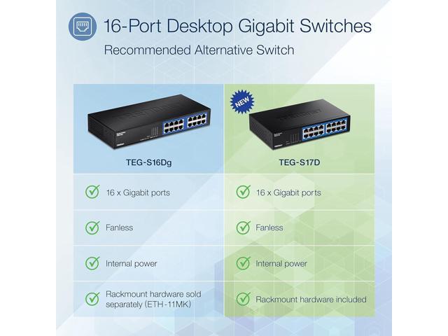 TRENDnet 16-Port Gigabit Desktop Switch, TEG-S17D, 16 x Gigabit RJ-45 Ports, 32Gbps Switching Capacity, Fanless Design, Metal Enclosure, Internal...