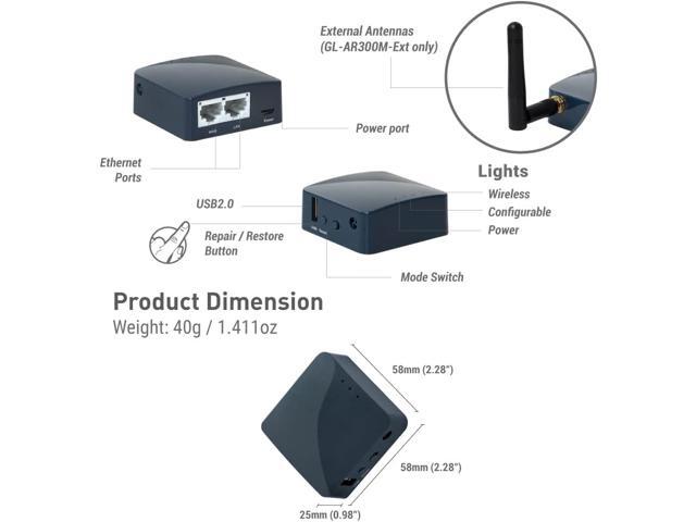 GL. iNet GL-AR300M16-Ext Portable Mini Travel Wireless Pocket Router - WiFi Router/Access Point/Extender/WDS OpenWrt 2 x Ethernet Ports ...