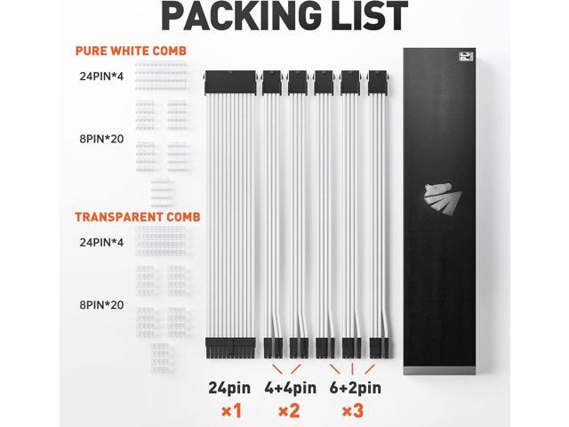 AsiaHorse 16AWG Pro Power Supply Sleeved Cable, White Power Supply Extension Cable Dual EPS Kit, 1x24-PIN/ 2x8-PORT (4+4) M/B,3x8-PORT (6+2) PCI-E,...