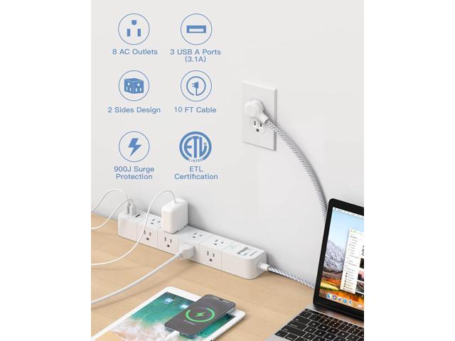 10 ft Extension Cord, Power Strip Surge Protector - 8 Widely AC Outlets 3 USB, Flat Plug, Desktop Charging Station with Overload Protection, Wall...