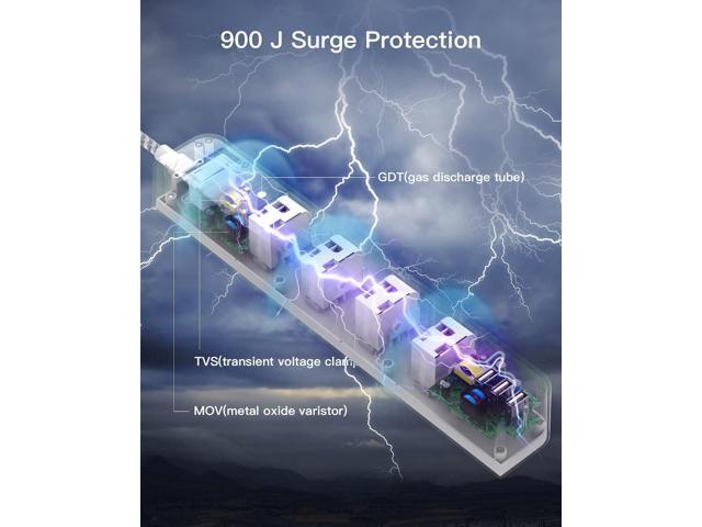 10 ft Extension Cord, Power Strip Surge Protector - 8 Widely AC Outlets 3 USB, Flat Plug, Desktop Charging Station with Overload Protection, Wall...