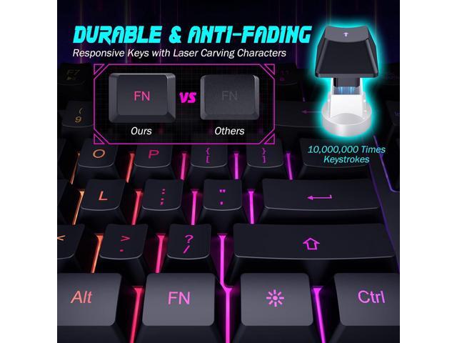 Gaming Keyboard, 7-Color Rainbow LED Backlit, 104 Keys Quiet Light Up Keyboard, Wrist Rest, Whisper Silent, Anti-ghosting Multimedia Keys,...