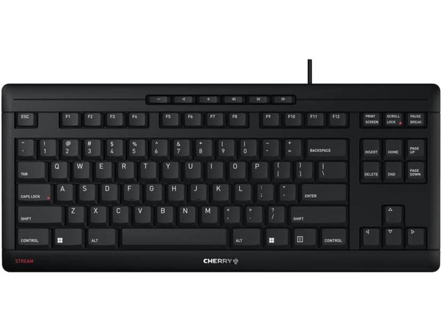 Cherry Stream Wired Keyboard Without Number Pad, Compact TKL Whisper Quiet Keys, Unique Typing Feel, Slim Design, SX Scissor Switches, QWERTY, Black