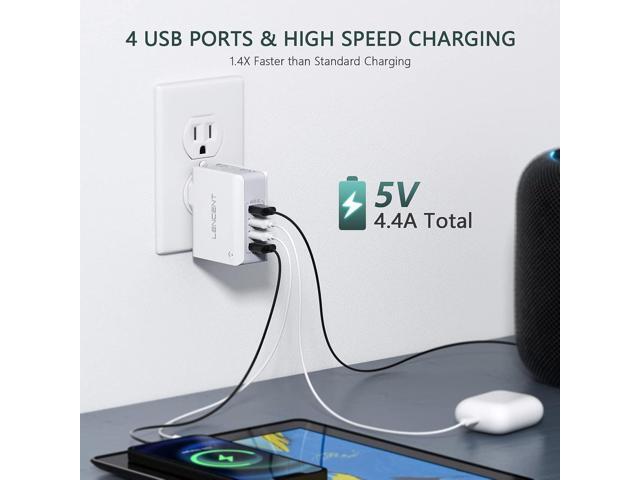 Multiple USB Wall Charger, [22W/4.4A] LENCENT 4 Port USB Travel Power Adapter, All in One Worldwide Cell Phone Charger With UK US EU European...