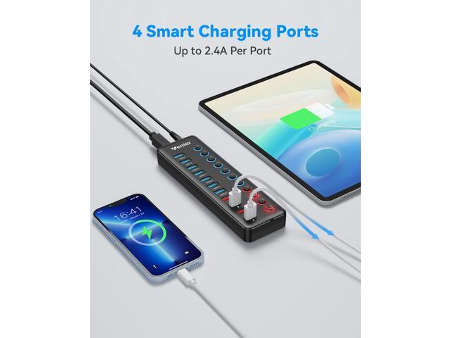 Powered USB 3.0 Hub, Wenter 11-Port Hub Splitter (7 Faster Data Transfer Ports+ 4 Smart Charging Ports) with Individual LED On/Off Switches, Power...