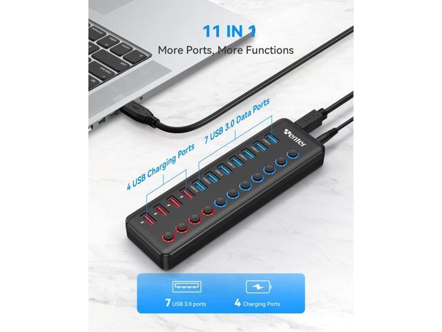 Powered USB 3.0 Hub, Wenter 11-Port Hub Splitter (7 Faster Data Transfer Ports+ 4 Smart Charging Ports) with Individual LED On/Off Switches, Power...
