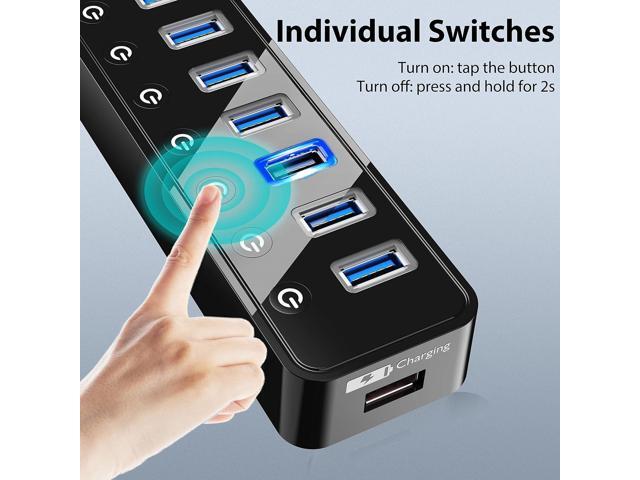 USB Hub 3.0 Powered, 7 Ports USB Data Hub Splitter with One Smart Charging Port and 5V/4A Powered Adapter and ON/Off Switches for MacBook, Mac...