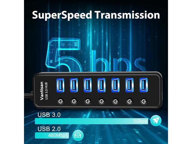 USB Hub 3.0 Powered, 7 Ports USB Data Hub Splitter with One Smart Charging Port and 5V/4A Powered Adapter and ON/Off Switches for MacBook, Mac...