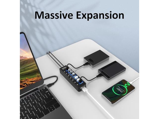 USB Hub 3.0 Powered, 7 Ports USB Data Hub Splitter with One Smart Charging Port and 5V/4A Powered Adapter and ON/Off Switches for MacBook, Mac...