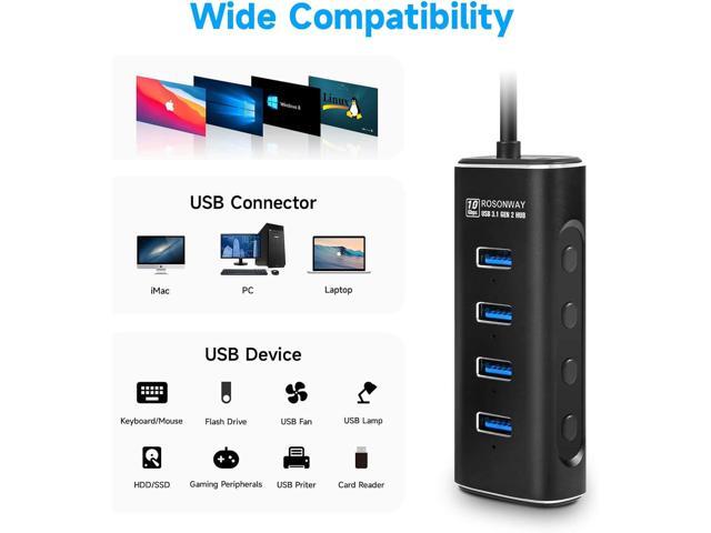 Powered USB Hub, Rosonway 4 Ports USB 3.1/3.2 Gen 2 Hub 10Gbps with 3.3ft Data Cable, 5V/2A Power Adapter and Individual Switches, Aluminum USB...