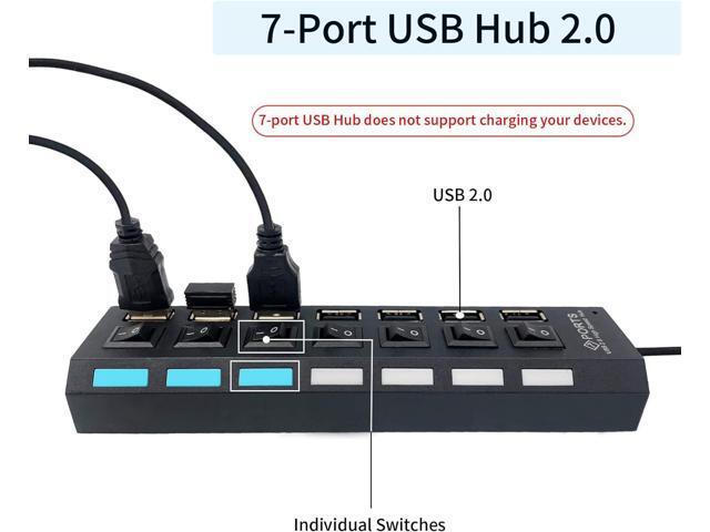 7-Port USB Hub 2.0, USB Hub USB Splitter with Individual Switches for Laptop, Computer, Keyboard and Mouse, USB Devices (Black)