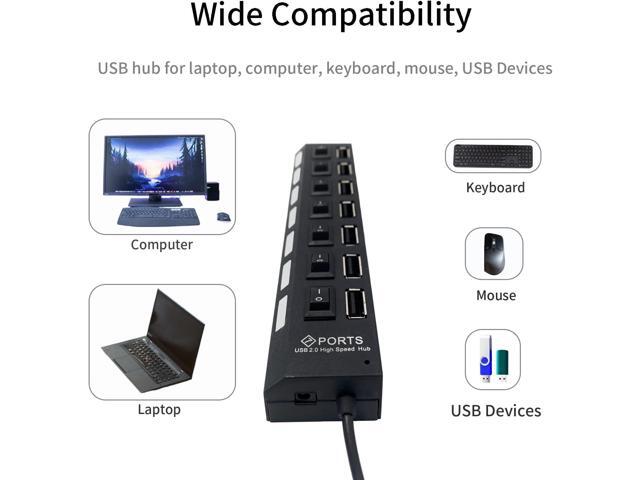 7-Port USB Hub 2.0, USB Hub USB Splitter with Individual Switches for Laptop, Computer, Keyboard and Mouse, USB Devices (Black)