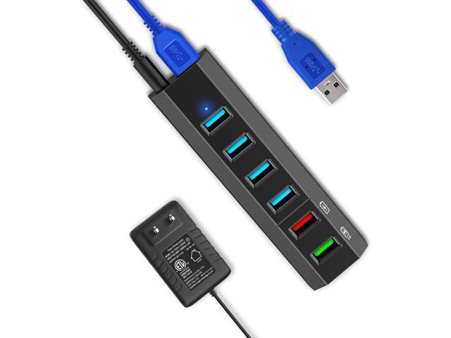 USB Hub, Aiibe 6 Ports Super High Speed USB 3.0 Hub Splitter + 24W Power Adapter + USB 3.0 Cable, Black Smart Fast Charger Powered USB Hub for...
