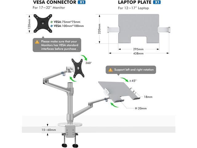 V Monitor and Laptop Mount, 2-in-1 Adjustable Dual Arm Desk Mounts Single Desk Arm Stand/Holder for 17 to 32 Inch LCD Computer Screens, Extra Tray...