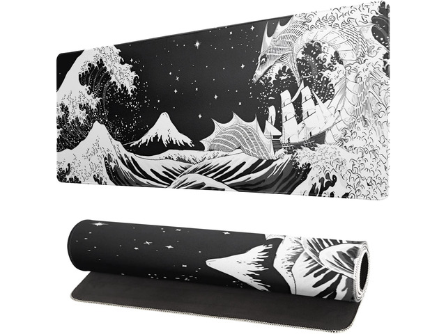 Black and White Japanese Wave Dragon Gaming Mouse Pad - Abstract Mat with Non-Slip Rubber Base, 31.5x11.8 Inch, Stitched Edges - Desk Pad for...