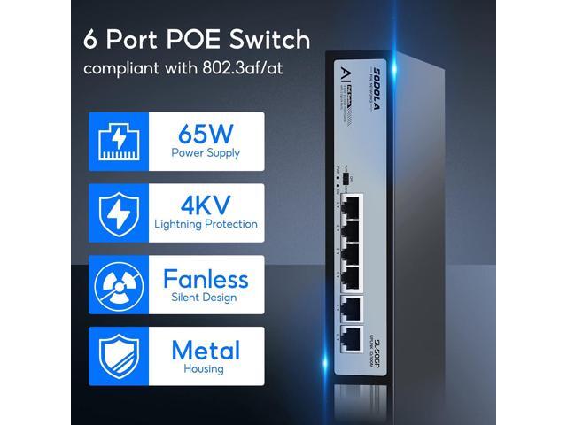 4 Port PoE+ Switch 4 PoE+ Ports &2 Fast Ethernet uplink,65W 802.3af/at, Extend Function, Fanless Metal,Plug & Play Unmanaged Network Switch
