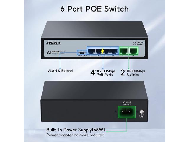 4 Port PoE+ Switch 4 PoE+ Ports &2 Fast Ethernet uplink,65W 802.3af/at, Extend Function, Fanless Metal,Plug & Play Unmanaged Network Switch
