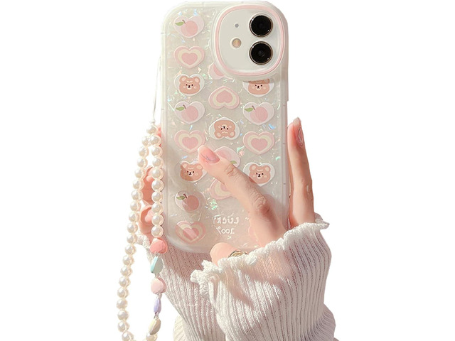 Compatible with iPhone 12 Case Cover Cute Women,Bear Love Heart Pattern with Pearl Strap Bracelet Chain Sparkly Phone Case Camera Protect