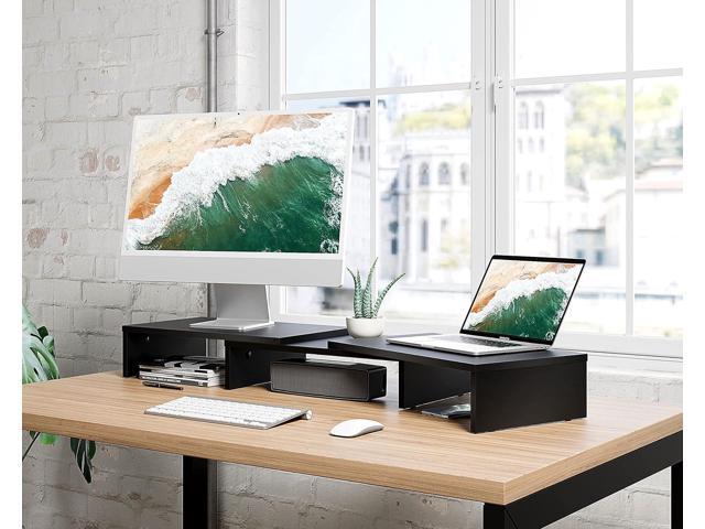FITUEYES Dual Monitor Stand 3 Shelf Computer Monitor Riser, Wood Desktop Stand with Adjustable Length and Angle, Desk Accessories, Office Supplies...