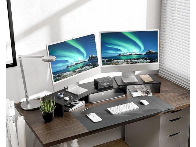 FITUEYES Dual Monitor Stand 3 Shelf Computer Monitor Riser, Wood Desktop Stand with Adjustable Length and Angle, Desk Accessories, Office Supplies...