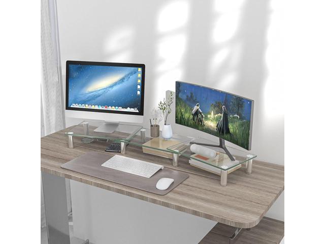 Hemudu Dual Monitor Stand -Adjustable Length and Angle Dual Monitor Riser, Desktop Organizer for PC, Computer, Laptop (Clear)