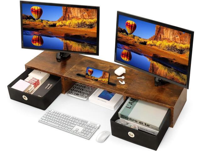 JMLHMXC Dual Monitor Stand with Two Drawers, Extra Large Storage Computer Monitors Stand for Office, Dual Monitor Riser for Printer, Laptop, Screen, TV