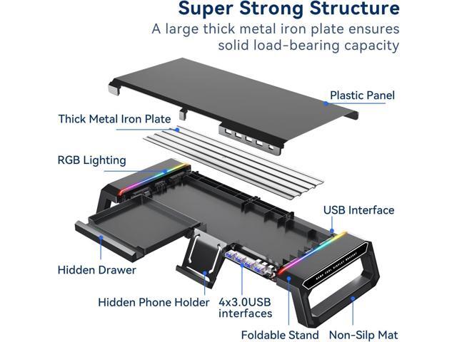 KYOLLY RGB Gaming Computer Monitor Stand Riser - 4 USB 3.0 Hub, 3 Length Adjustable Computer Monitor Stand with Drawer,Storage and Phone Holder Black