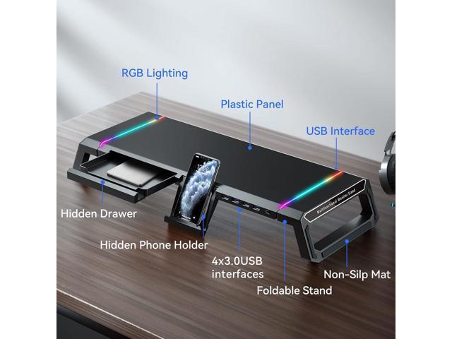 KYOLLY RGB Gaming Computer Monitor Stand Riser - 4 USB 3.0 Hub, 3 Length Adjustable Computer Monitor Stand with Drawer,Storage and Phone Holder Black