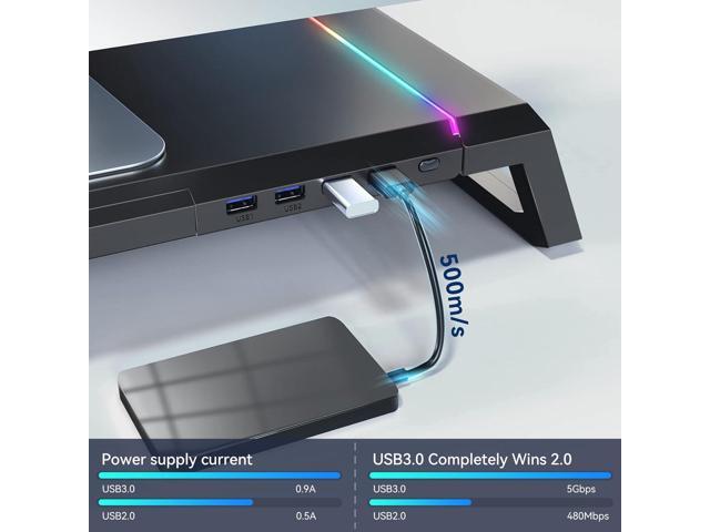 KYOLLY RGB Gaming Computer Monitor Stand Riser - 4 USB 3.0 Hub, 3 Length Adjustable Computer Monitor Stand with Drawer,Storage and Phone Holder Black