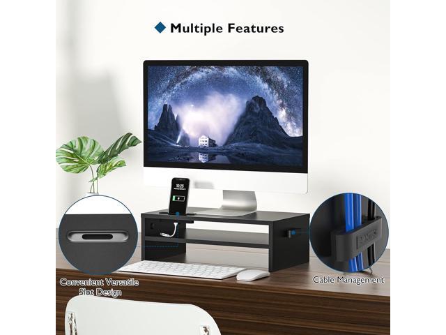 BONTEC 2-Tier Wood Monitor Stand with Storage, Desktop Riser with Cellphone Holder and Cable Management, 16.5 Inch Shelf, Black