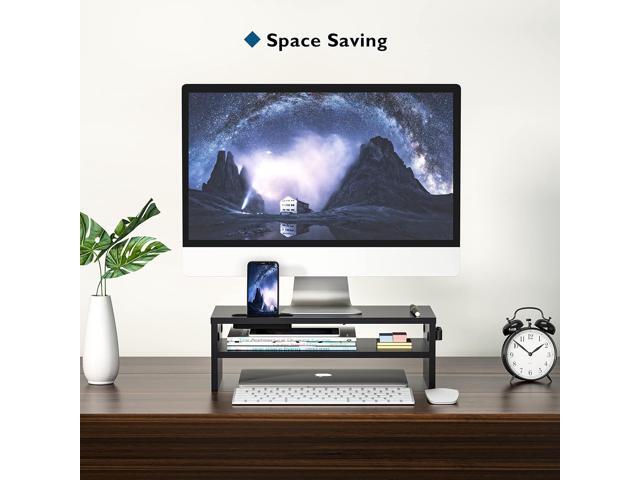 BONTEC 2-Tier Wood Monitor Stand with Storage, Desktop Riser with Cellphone Holder and Cable Management, 16.5 Inch Shelf, Black