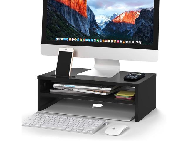 BONTEC 2-Tier Wood Monitor Stand with Storage, Desktop Riser with Cellphone Holder and Cable Management, 16.5 Inch Shelf, Black