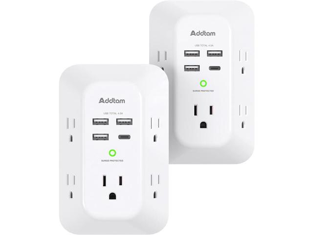 2 Pack Addtam USB Wall Charger Surge Protector, 5 Outlet Extender with 4 USB Charging Ports (1 USB C Outlet) 3 Sided 1800J Power Strip Multi Plug...