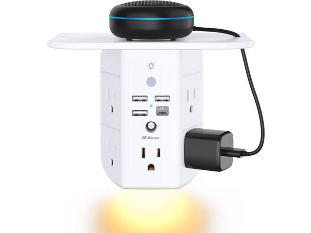 Mifaso 3-Sided Multi Plug Power Strip, Wall Extender with Shelf, Night Light & Surge Protector, USB Wall Charger with 5 AC Wide Space Outlets and 3...