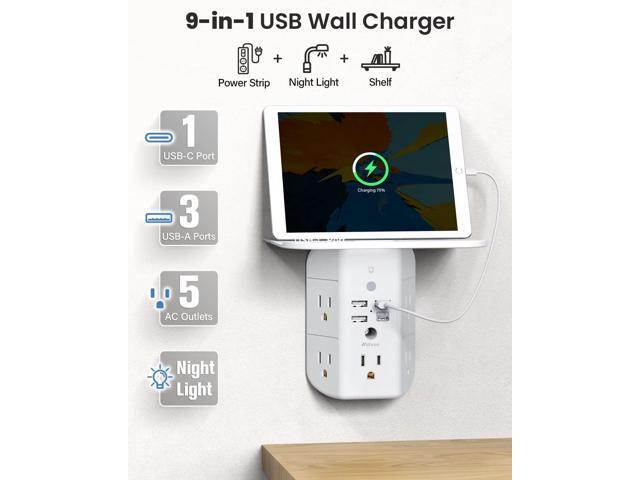 Wall Outlet Extender with Shelf and Night Light,Surge Protector,USB Wall Charger with 5 AC Outlets and 3 USB Ports 1 USB C Outlet Wide Space...