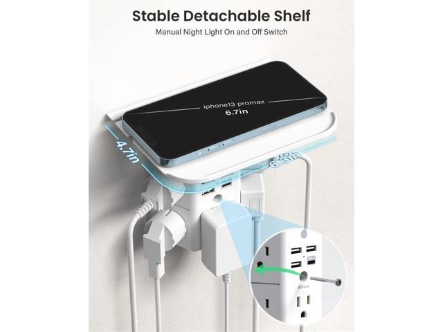 Wall Outlet Extender with Shelf and Night Light,Surge Protector,USB Wall Charger with 5 AC Outlets and 3 USB Ports 1 USB C Outlet Wide Space...