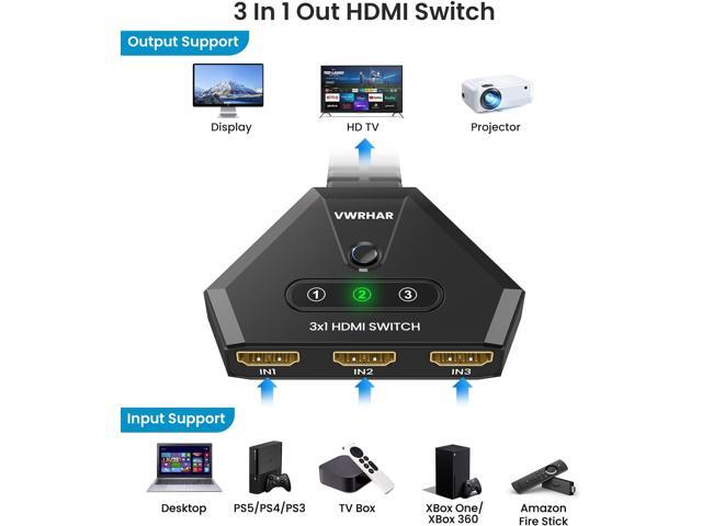 HDMI Switch 4K HDMI Splitter, Automatic HDMI Switch 3 in 1 Out with Pigtail HDMI Cable, 3 Ports HDMI Switcher Support HDCP 2.2 Full HD 4K 1080P 3D...
