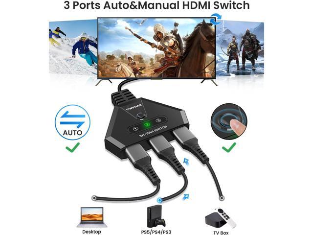 HDMI Switch 4K HDMI Splitter, Automatic HDMI Switch 3 in 1 Out with Pigtail HDMI Cable, 3 Ports HDMI Switcher Support HDCP 2.2 Full HD 4K 1080P 3D...