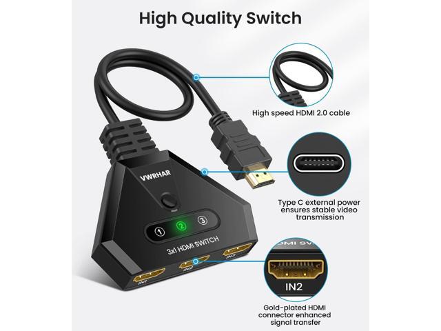 HDMI Switch 4K HDMI Splitter, Automatic HDMI Switch 3 in 1 Out with Pigtail HDMI Cable, 3 Ports HDMI Switcher Support HDCP 2.2 Full HD 4K 1080P 3D...