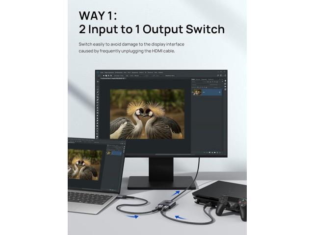 HDMI Switch 4K 60Hzwith 1.3FT HDMI Cable, JSAUX HDMI 2.0 Switcher 2 in 1 Out Aluminum Bi-Directional Splitter 2 x 1/1 x 2 UHD 3D Compatible for...